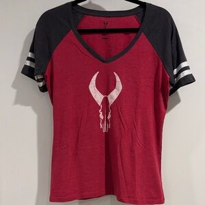 Red and Black V-Neck Graphic Tee